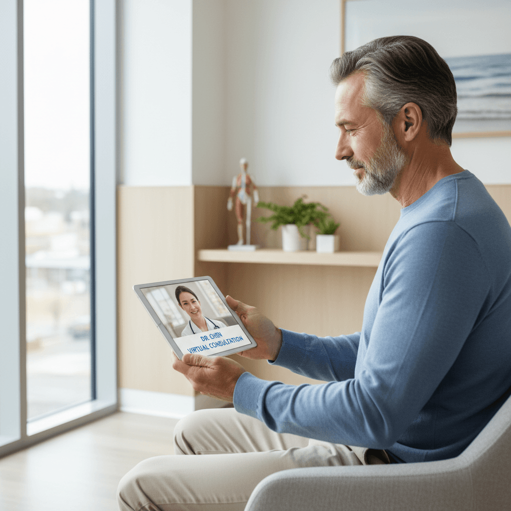 man receiving telehealth consultation on tablet at home modern setting
